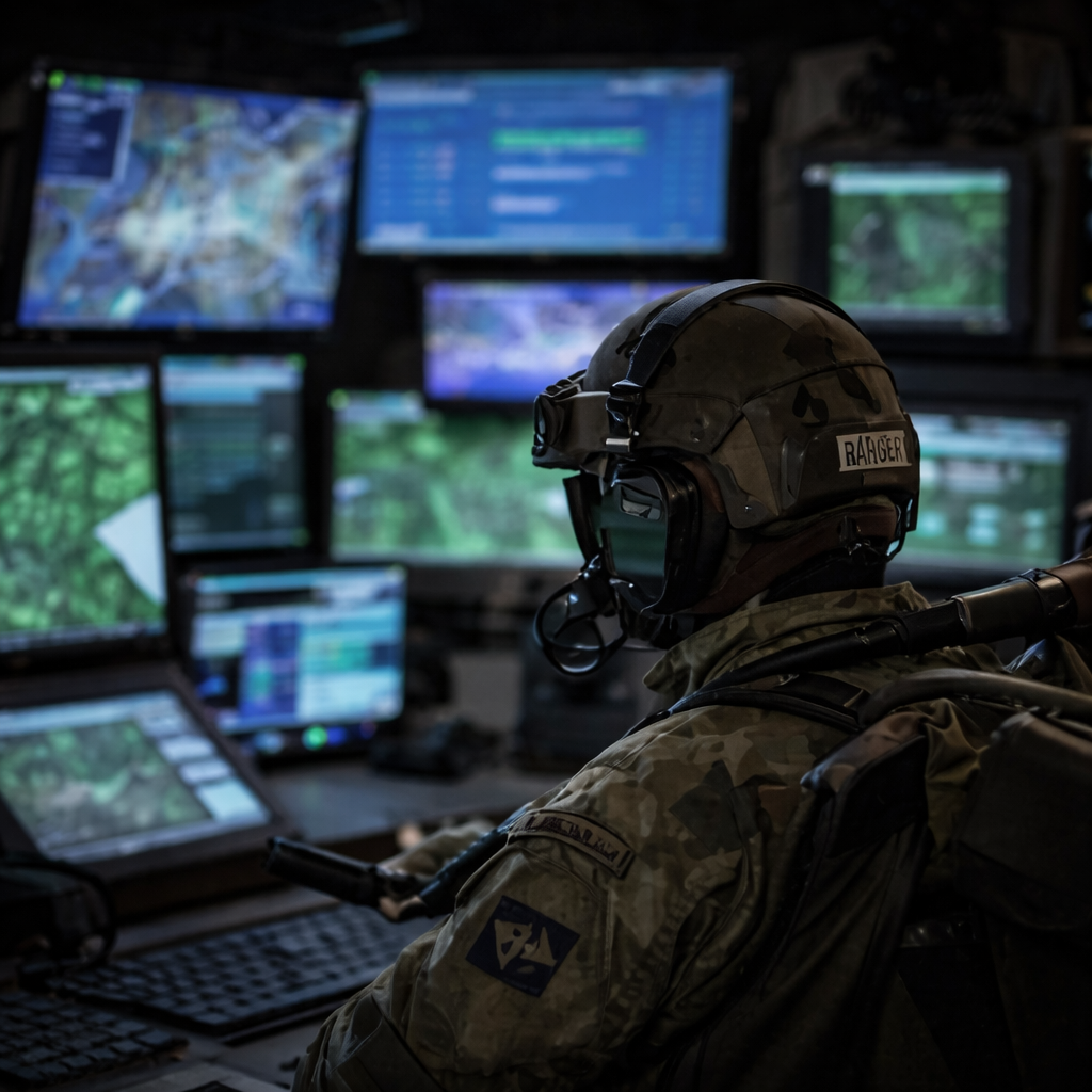 militär som tittar på skärmar i kommandocentral