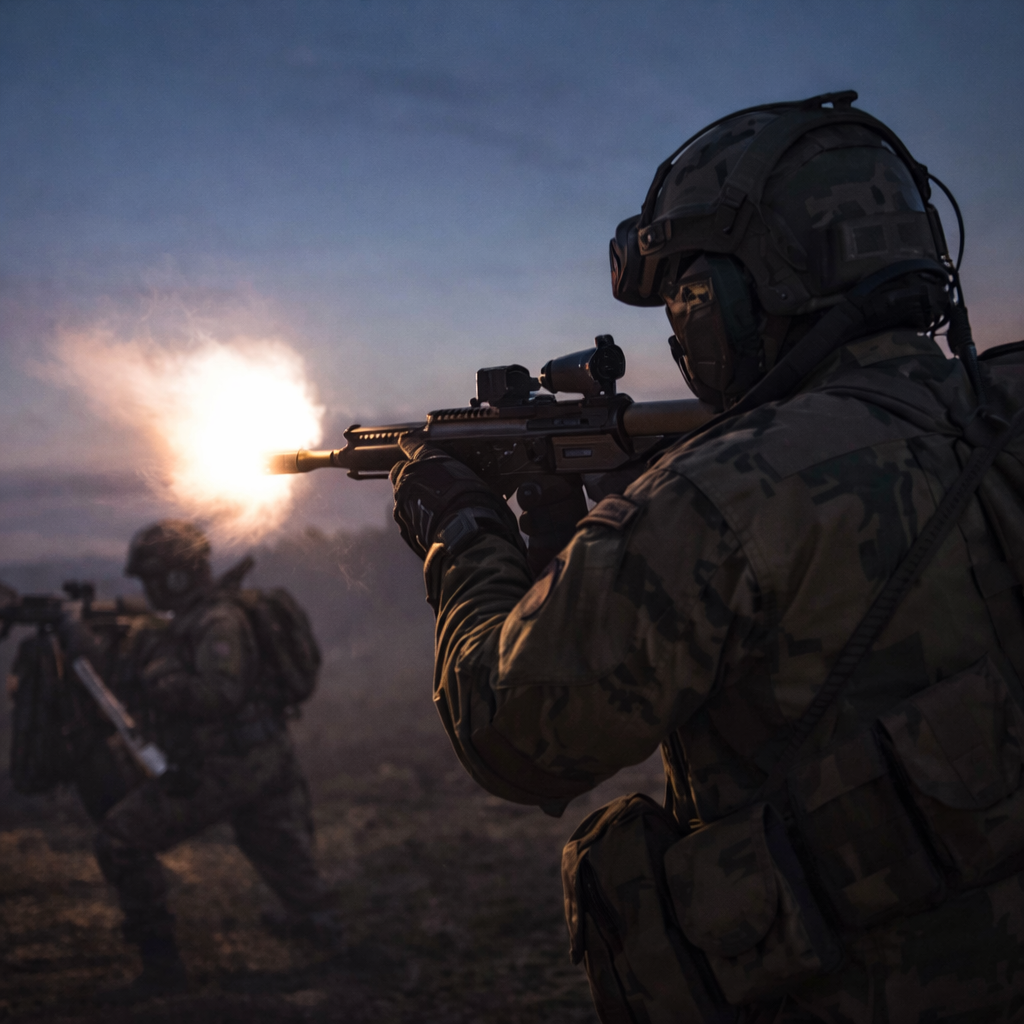 soldat som skjuter i nattlig miljö