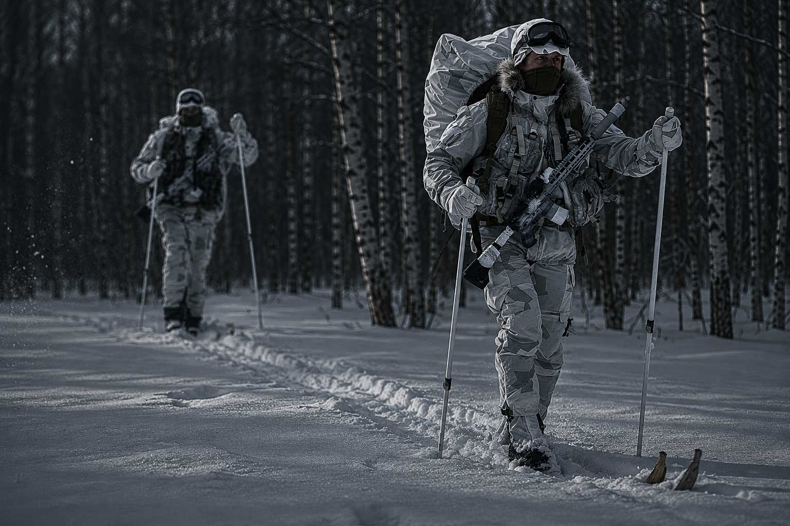 soldater pa skidor i vintermiljo