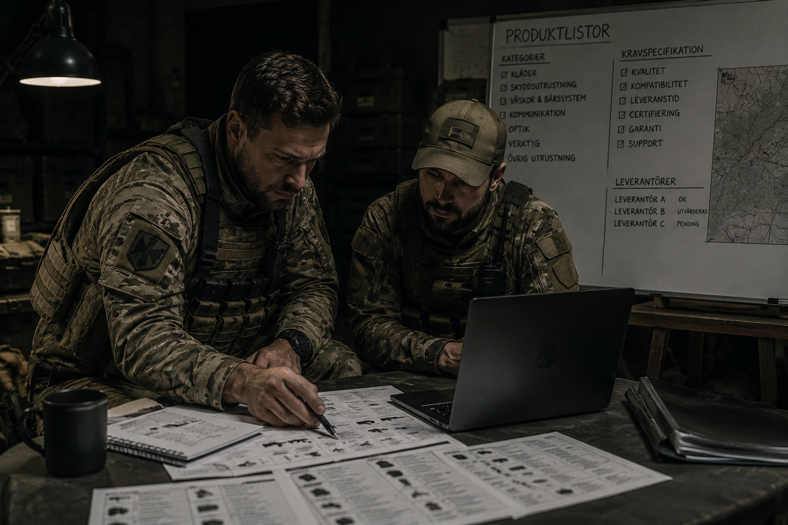 två militärer går igenom plan med dator